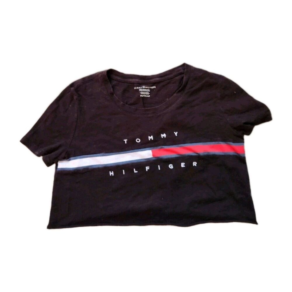 Tommy Hilfiger Signature Stripe Crop Top Black Relaxed Fit Short Sleeve XS GUC